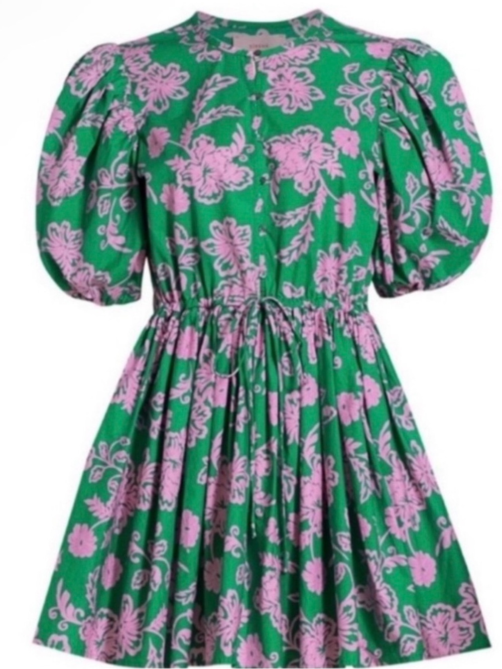 Xirena Aurie Green & Pink Floral Puff-Sleeve Cotton Mini Dress Medium